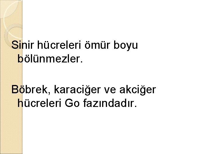 Sinir hücreleri ömür boyu bölünmezler. Böbrek, karaciğer ve akciğer hücreleri Go fazındadır. 