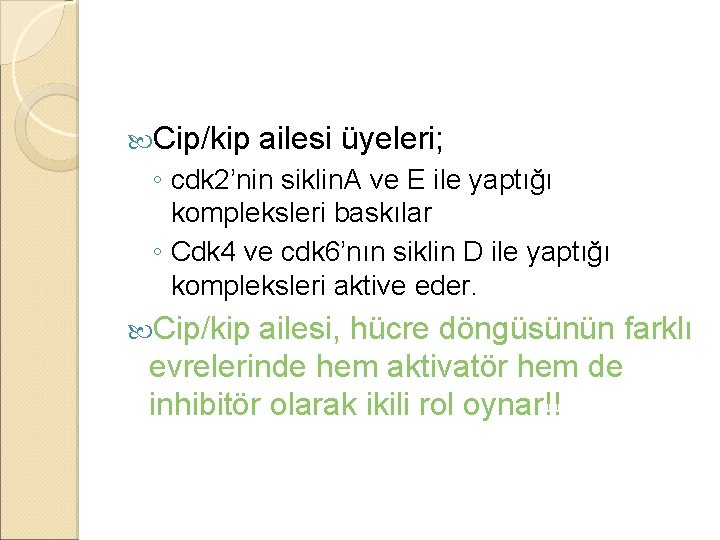  Cip/kip ailesi üyeleri; ◦ cdk 2’nin siklin. A ve E ile yaptığı kompleksleri