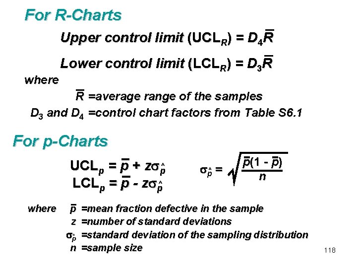For R-Charts Upper control limit (UCLR) = D 4 R where Lower control limit For R-Charts Upper control limit (UCLR) = D 4 R where Lower control limit