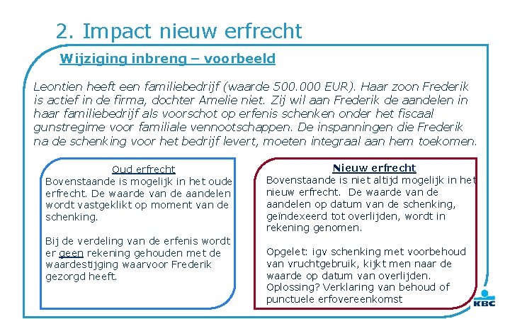 2. Impact nieuw erfrecht Wijziging inbreng – voorbeeld Leontien heeft een familiebedrijf (waarde 500.