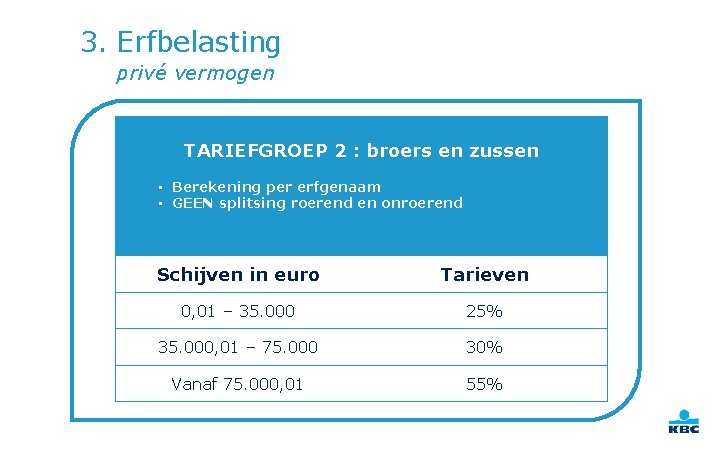 3. Erfbelasting privé vermogen TARIEFGROEP 2 : broers en zussen • Berekening per erfgenaam