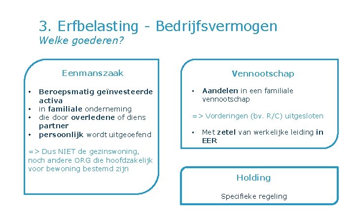 3. Erfbelasting - Bedrijfsvermogen Welke goederen? Eenmanszaak • • Beroepsmatig geïnvesteerde activa in familiale