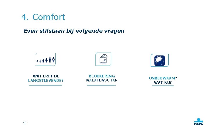 4. Comfort Even stilstaan bij volgende vragen WAT ERFT DE LANGSTLEVENDE? 42 BLOKKERING NALATENSCHAP