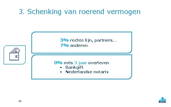 3. Schenking van roerend vermogen 3% rechte lijn, partners… 7% anderen 0% mits 3