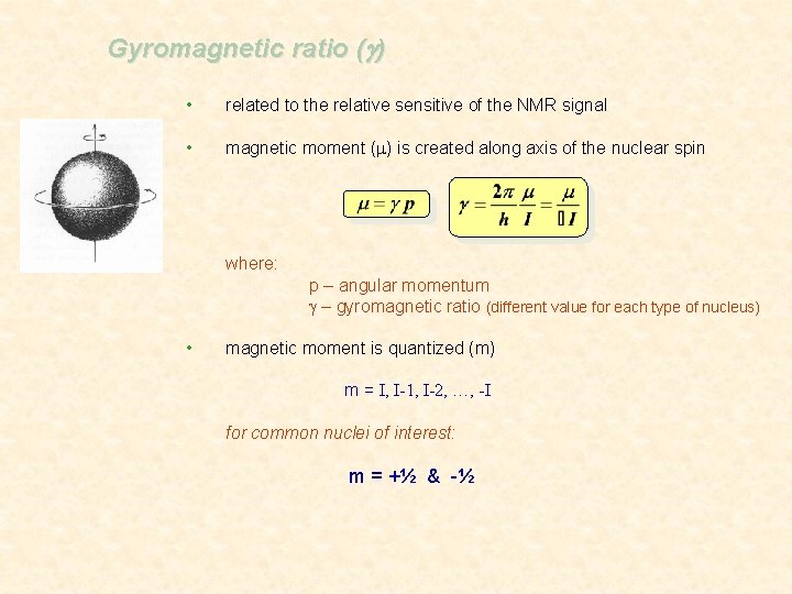 Gyromagnetic ratio (g) • related to the relative sensitive of the NMR signal •