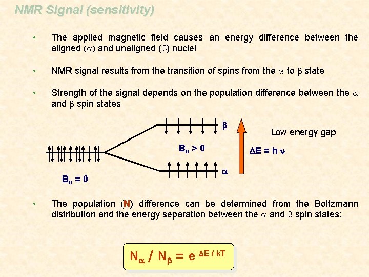 NMR Signal (sensitivity) • The applied magnetic field causes an energy difference between the