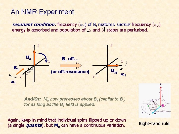 An NMR Experiment resonant condition: frequency (w 1) of B 1 matches Larmor frequency