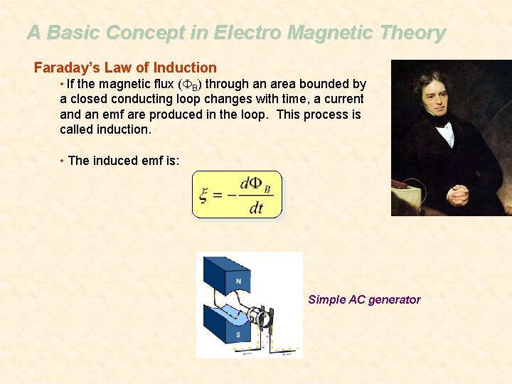 A Basic Concept in Electro Magnetic Theory Faraday’s Law of Induction • If the