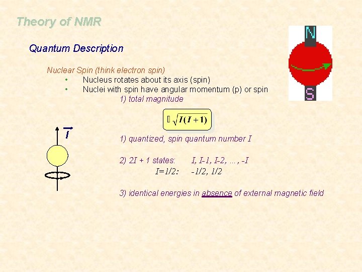 Theory of NMR Quantum Description Nuclear Spin (think electron spin) • Nucleus rotates about
