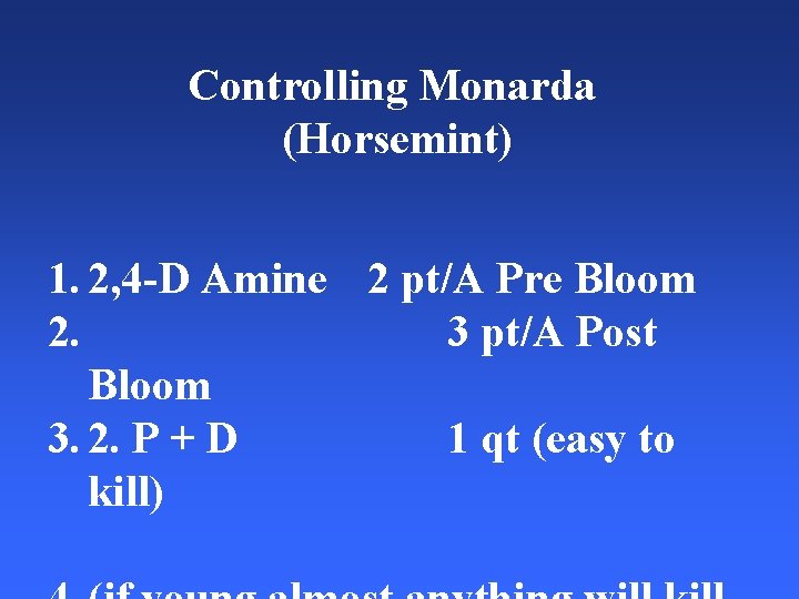 Controlling Monarda (Horsemint) 1. 2, 4 -D Amine 2 pt/A Pre Bloom 2. 3