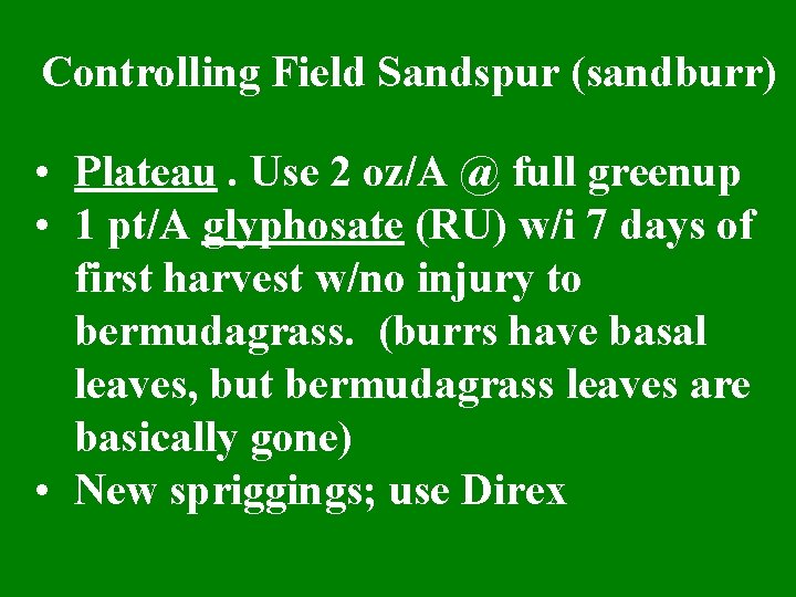 Controlling Field Sandspur (sandburr) • Plateau. Use 2 oz/A @ full greenup • 1