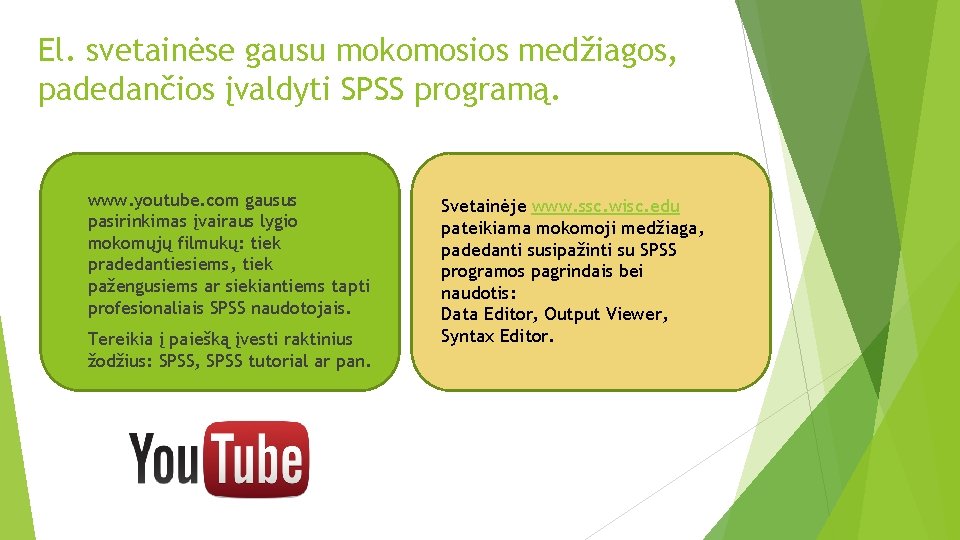 El. svetainėse gausu mokomosios medžiagos, padedančios įvaldyti SPSS programą. www. youtube. com gausus pasirinkimas