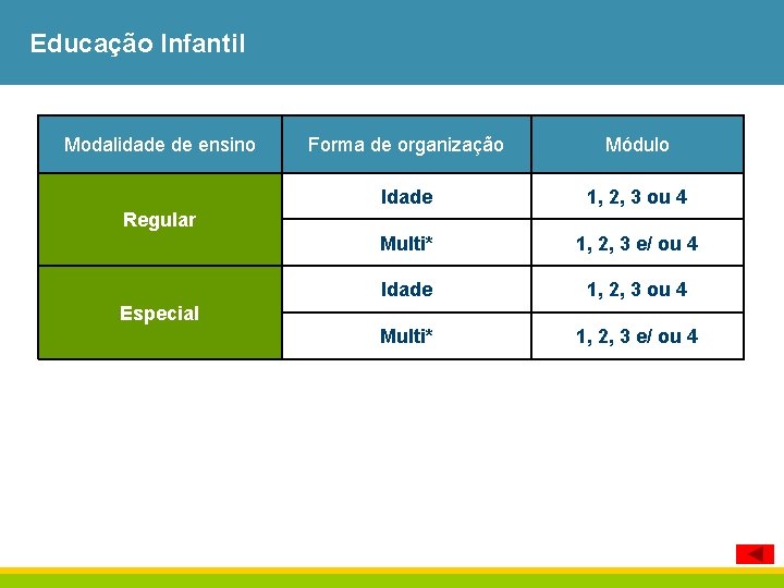 Educação Infantil Modalidade de ensino Forma de organização Módulo Idade 1, 2, 3 ou