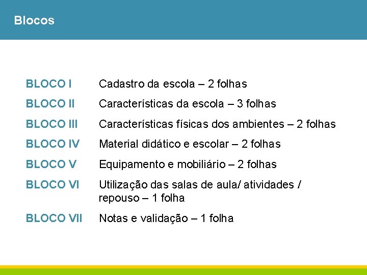 Blocos BLOCO I Cadastro da escola – 2 folhas BLOCO II Características da escola