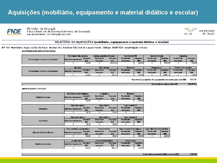 Aquisições (mobiliário, equipamento e material didático e escolar) RELATÓRIO DE AQUISIÇÕES (mobiliário, equipamento e