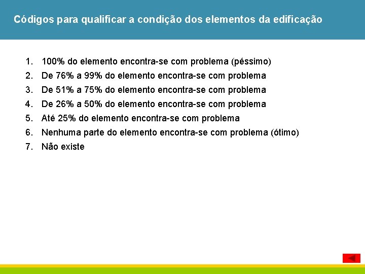 Códigos para qualificar a condição dos elementos da edificação 1. 100% do elemento encontra-se