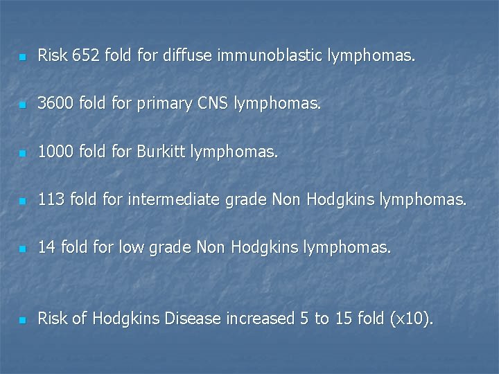 n Risk 652 fold for diffuse immunoblastic lymphomas. n 3600 fold for primary CNS