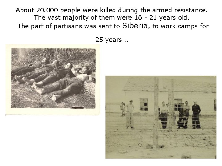 About 20. 000 people were killed during the armed resistance. The vast majority of About 20. 000 people were killed during the armed resistance. The vast majority of