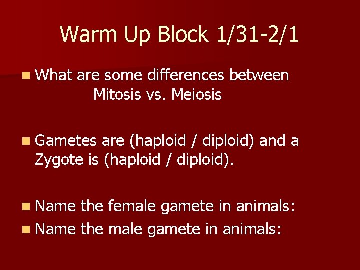 Warm Up Block 1/31 -2/1 n What are some differences between Mitosis vs. Meiosis