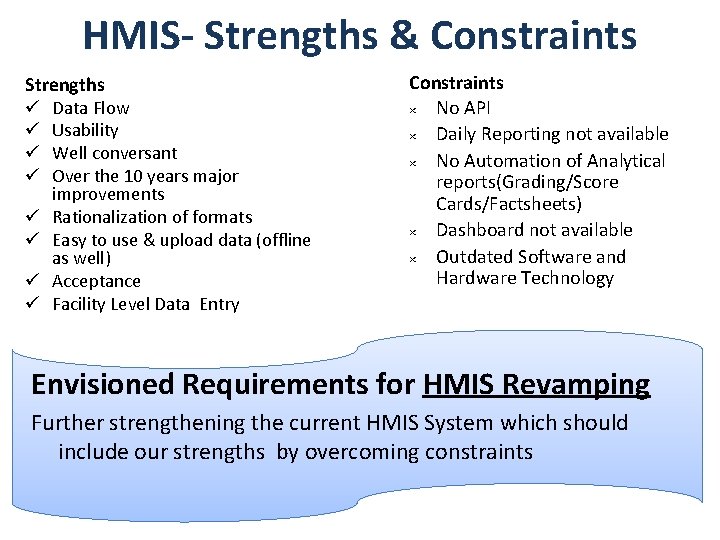 HMIS- Strengths & Constraints Strengths ü Data Flow ü Usability ü Well conversant ü