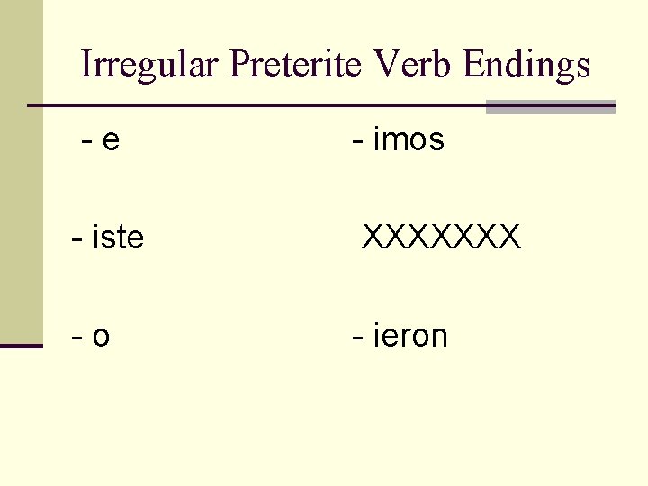 Irregular Preterite Verb Endings -e - imos - iste XXXXXXX -o - ieron 