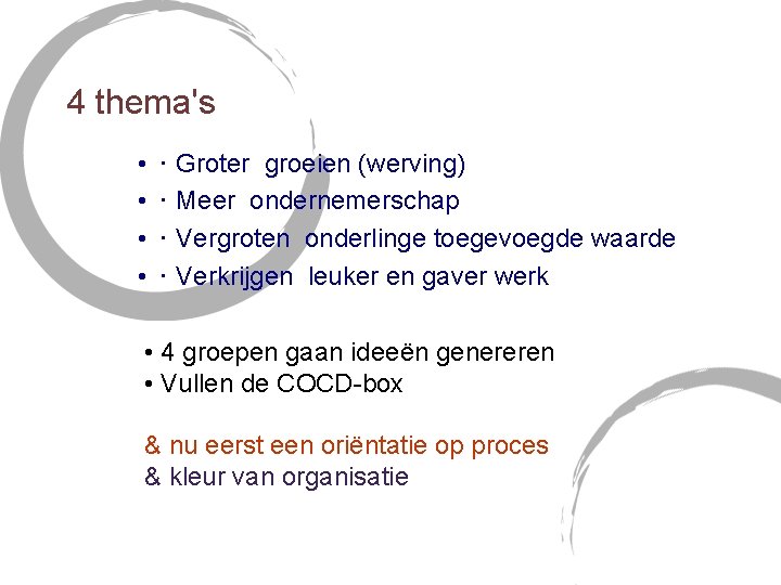 4 thema's • • ・ Groter groeien (werving) ・ Meer ondernemerschap ・ Vergroten onderlinge 4 thema's • • ・ Groter groeien (werving) ・ Meer ondernemerschap ・ Vergroten onderlinge