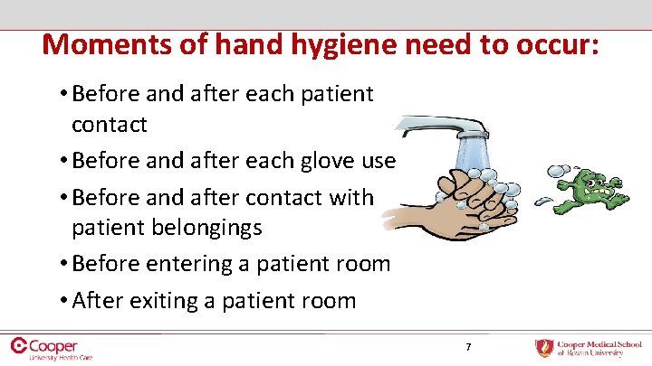 Moments of hand hygiene need to occur: • Before and after each patient contact