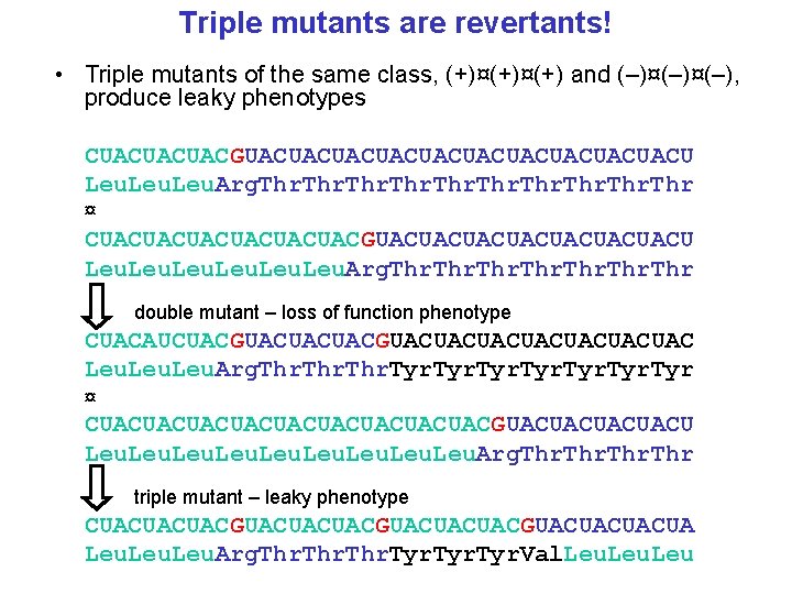 Triple mutants are revertants! • Triple mutants of the same class, (+)¤(+) and (–)¤(–),
