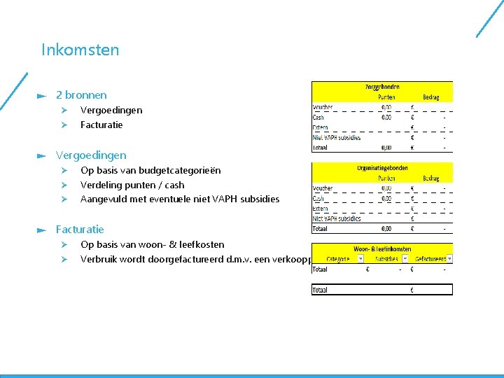 Inkomsten 2 bronnen Ø Ø Vergoedingen Facturatie Vergoedingen Ø Ø Ø Op basis van