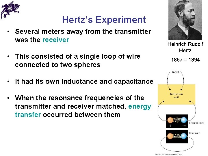 Hertz’s Experiment • Several meters away from the transmitter was the receiver • This