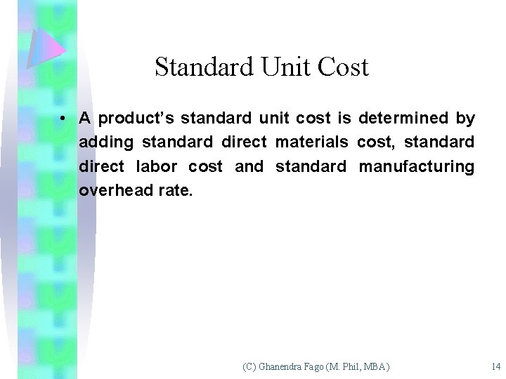 Standard Unit Cost • A product’s standard unit cost is determined by adding standard