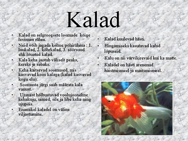 Kalad • • Kalad on selgroogsete loomade kõige levinum rühm. Neid võib jagada kolme Kalad • • Kalad on selgroogsete loomade kõige levinum rühm. Neid võib jagada kolme