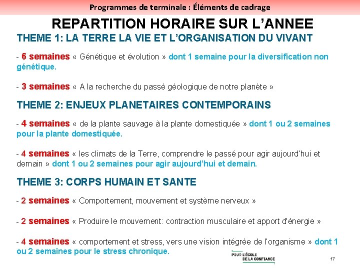 Programmes de terminale : Éléments de cadrage REPARTITION HORAIRE SUR L’ANNEE THEME 1: LA