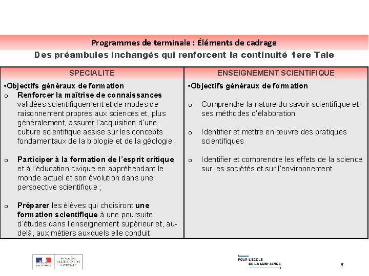 Programmes de terminale : Éléments de cadrage Des préambules inchangés qui renforcent la continuité