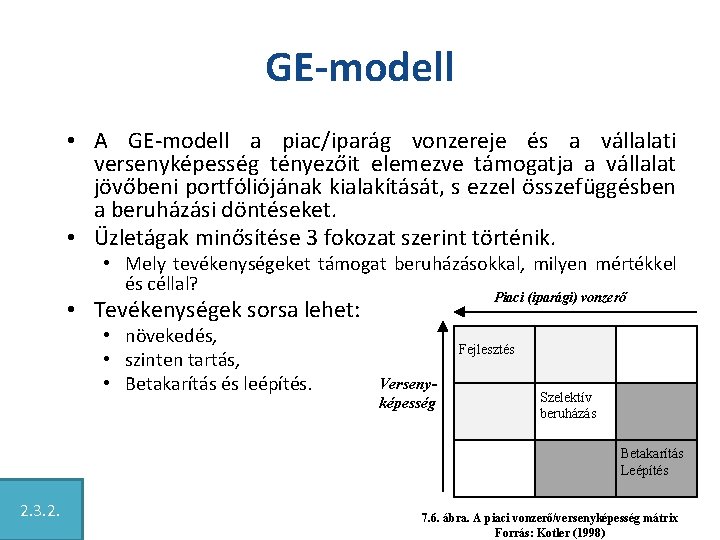 GE-modell • A GE-modell a piac/iparág vonzereje és a vállalati versenyképesség tényezőit elemezve támogatja