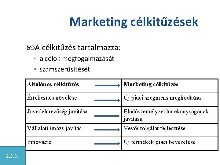 Marketing célkitűzések A célkitűzés tartalmazza: ◦ a célok megfogalmazását ◦ számszerűsítését 2. 5. 3.