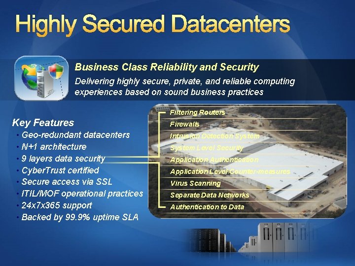 Highly Secured Datacenters Business Class Reliability and Security Delivering highly secure, private, and reliable