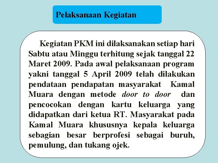 Pelaksanaan Kegiatan PKM ini dilaksanakan setiap hari Sabtu atau Minggu terhitung sejak tanggal 22