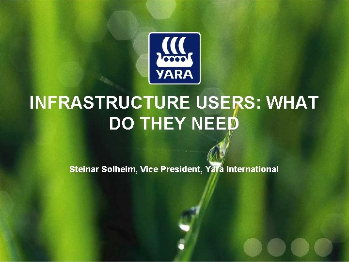 INFRASTRUCTURE USERS: WHAT DO THEY NEED Steinar Solheim, Vice President, Yara International 