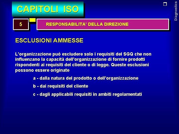 5 RESPONSABILITA’ DELLA DIREZIONE ESCLUSIONI AMMESSE L’organizzazione può escludere solo i requisiti del SGQ