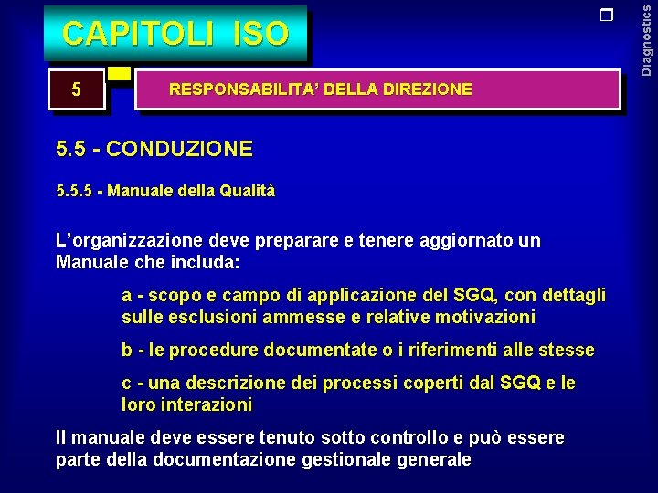 5 RESPONSABILITA’ DELLA DIREZIONE 5. 5 - CONDUZIONE 5. 5. 5 - Manuale della