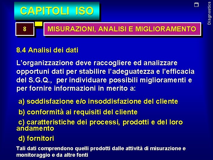 8 MISURAZIONI, ANALISI E MIGLIORAMENTO 8. 4 Analisi dei dati L’organizzazione deve raccogliere ed