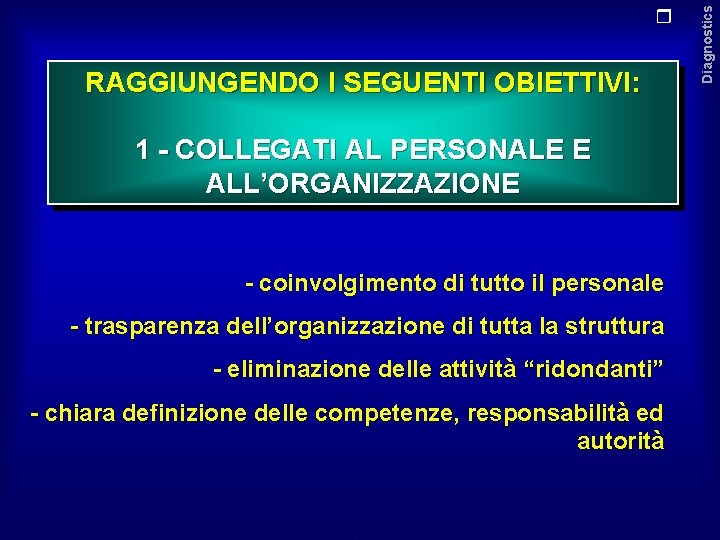 RAGGIUNGENDO I SEGUENTI OBIETTIVI: 1 - COLLEGATI AL PERSONALE E ALL’ORGANIZZAZIONE - coinvolgimento di