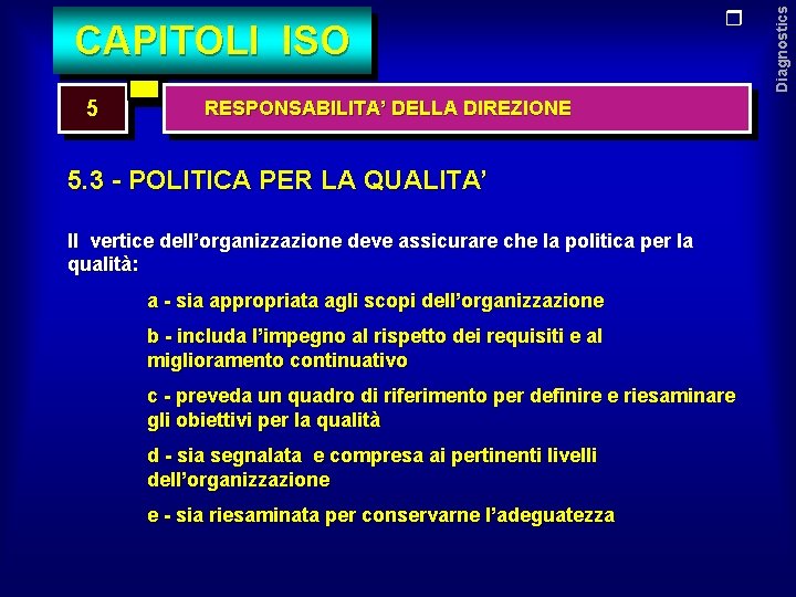 5 RESPONSABILITA’ DELLA DIREZIONE 5. 3 - POLITICA PER LA QUALITA’ Il vertice dell’organizzazione