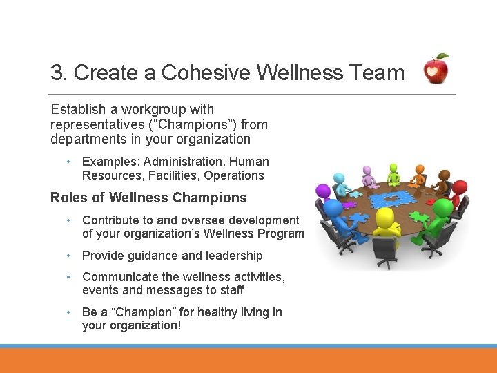 3. Create a Cohesive Wellness Team Establish a workgroup with representatives (“Champions”) from departments