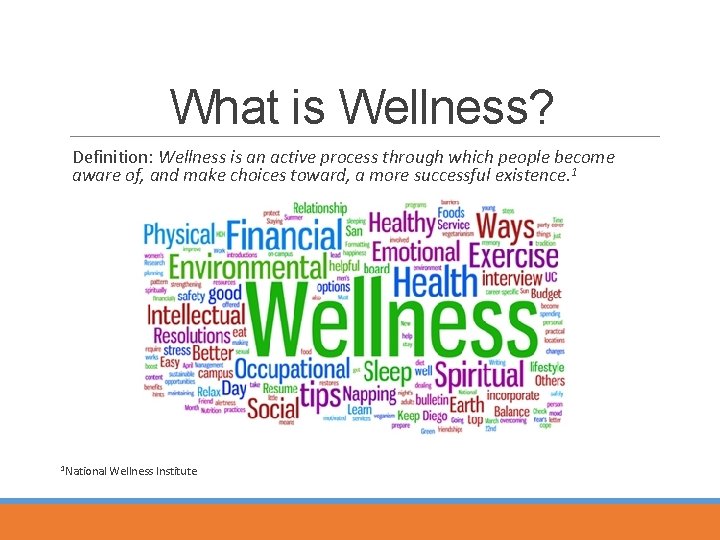 What is Wellness? Definition: Wellness is an active process through which people become aware