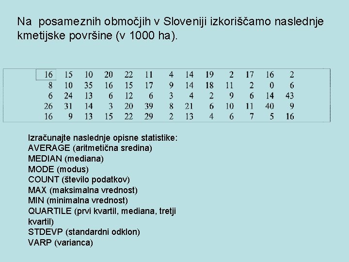 Na posameznih območjih v Sloveniji izkoriščamo naslednje kmetijske površine (v 1000 ha). Izračunajte naslednje