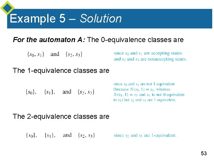 Example 5 – Solution For the automaton A: The 0 -equivalence classes are The