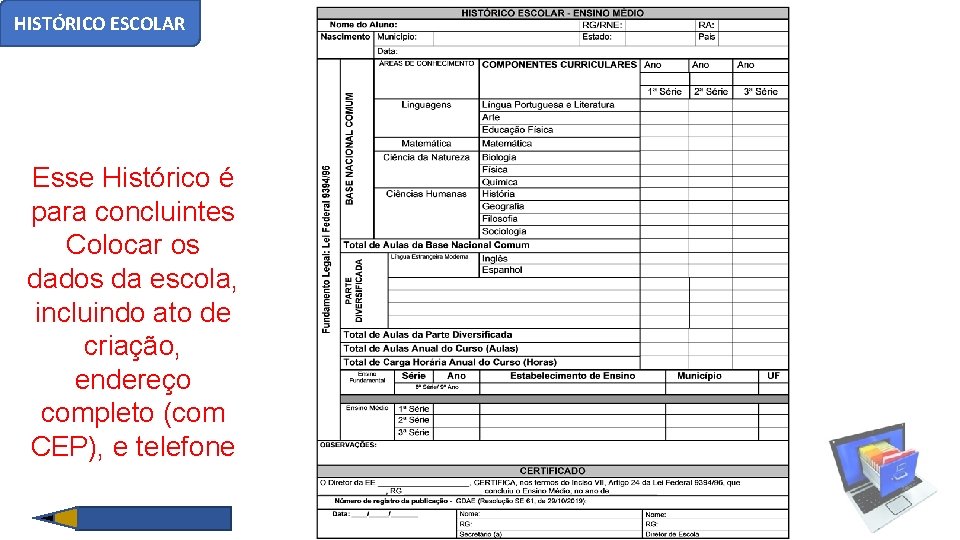HISTÓRICO ESCOLAR Esse Histórico é para concluintes Colocar os dados da escola, incluindo ato