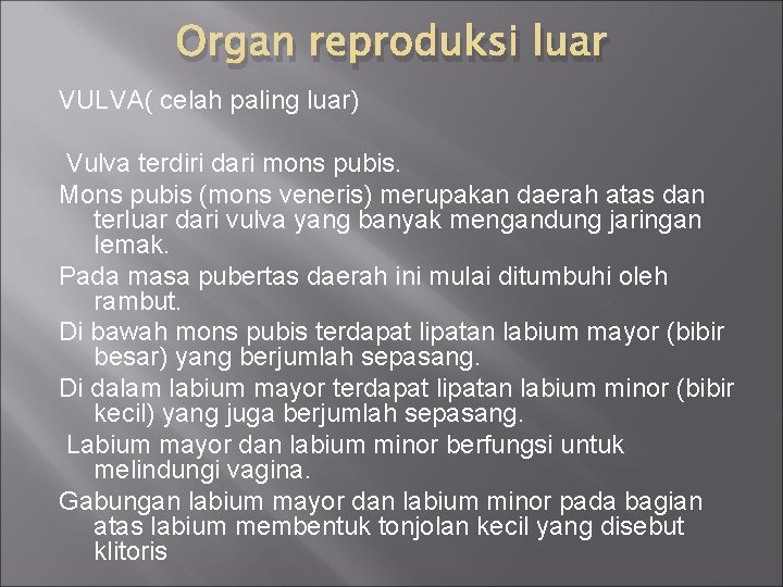 Organ reproduksi luar VULVA( celah paling luar) Vulva terdiri dari mons pubis. Mons pubis